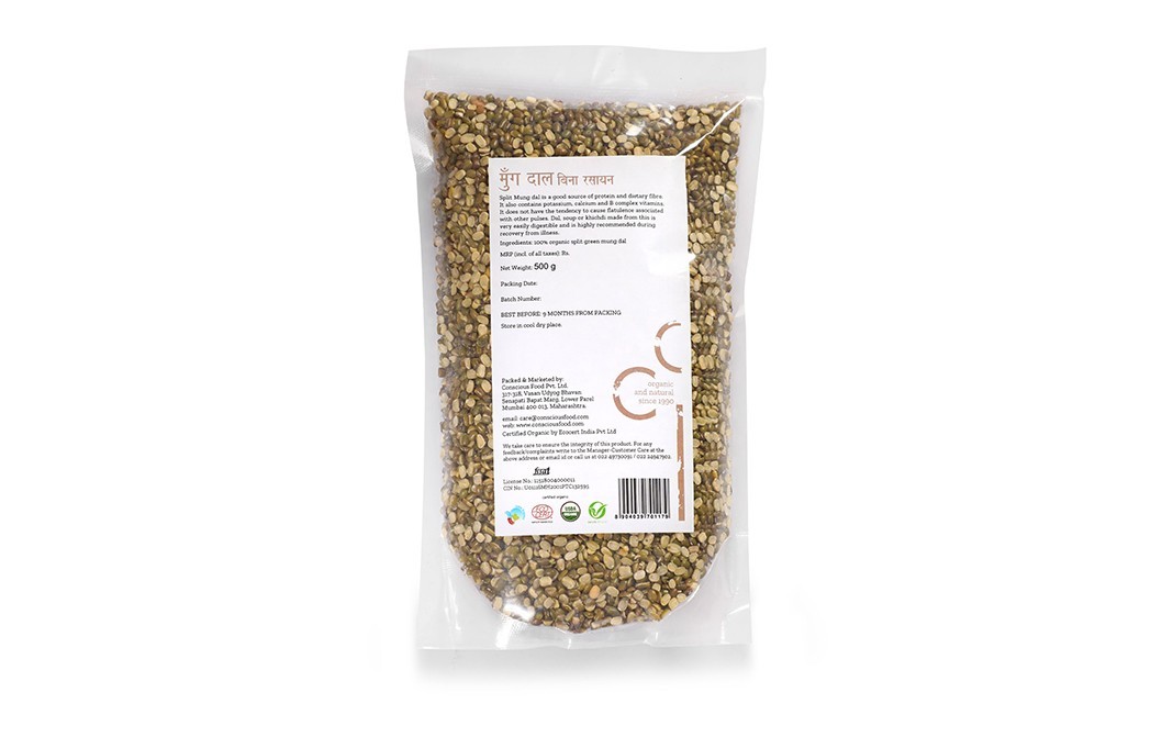 Conscious Food Split Mung Bean Green Mung Dal Organic +hand-milled   Pack  500 grams